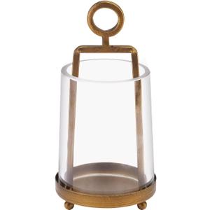 3.3" Wide Modern Farmhouse Metal Hurricane Candle Holder with Handmade Sturdy Glass Sleeve in Antique Brass for Pillar Candle & Plants, Glass Hurricane Lantern, Industrial, Minimalistic