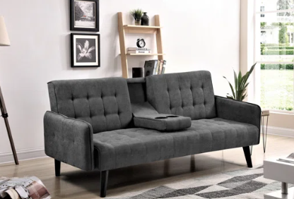 Two Seat Sofa Bed With Drop Down Coffe Table, TCDG-VN, Fabric: YS-01 Dark Grey - YJHLR-39