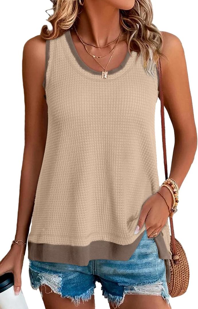BLENCOT Waffle Knit Tank Top for Women Summer Casual Sleeveless Scoop Neck Basic Loose Tunic Shirts Parchment L