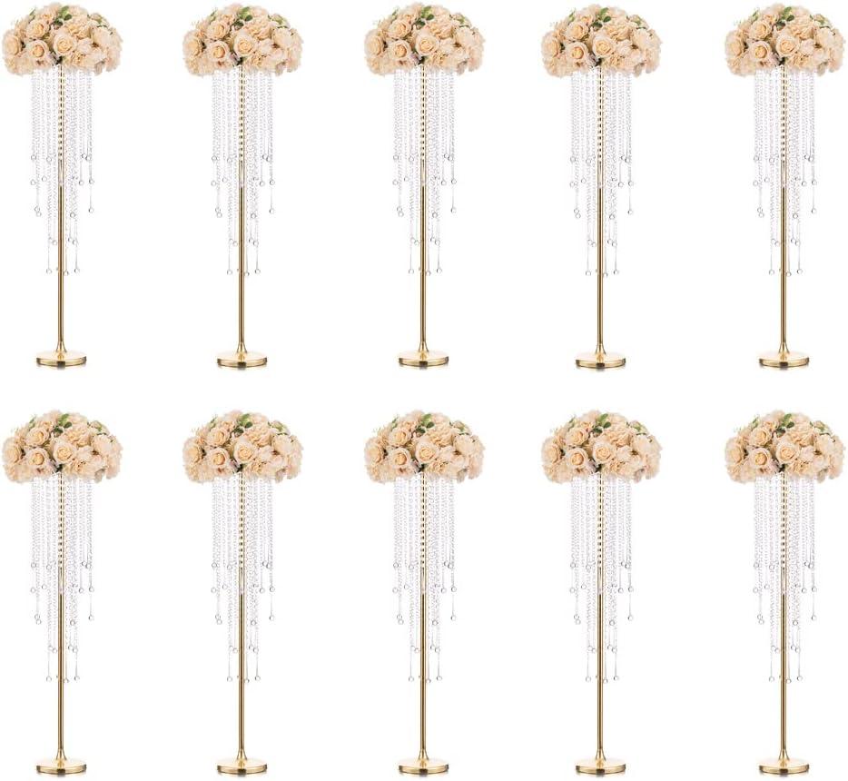 10 Pcs 39.4" Gold Flower Vase with Chandelier Crystal, Centerpiece Table Decorations, Metal Stand for Wedding, Reception, Party, Events, Home