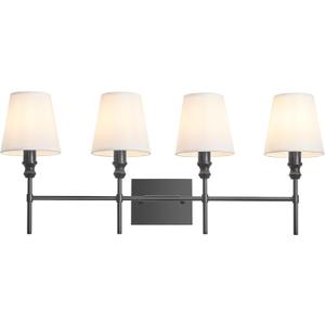 Black Bathroom Vanity Light 4 Light32.3In Vintage Bathroom Light Fixtures Over Mirror,Hardwired Vanity Wall Sconce with Flared White Fabric Lampshade for Bedroom,Living Room,Foyer,E12 Base