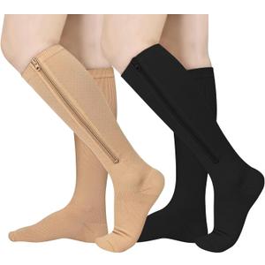 Athbavib 2 Pairs Zipper Compression Socks, 15-20 mmHg Closed Toe Compression Stocking with Zipper for Women and Men (4X-Large)