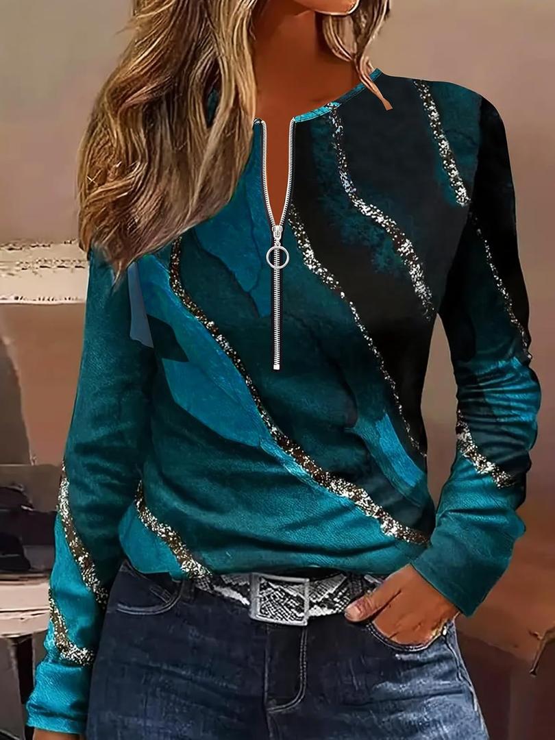 Womens Long Sleeve Tops Crew Neck Zipper Down Contrast Color Striped T Shirts Casual Work Fashion Tunics Blouses Tee (Blue, M)