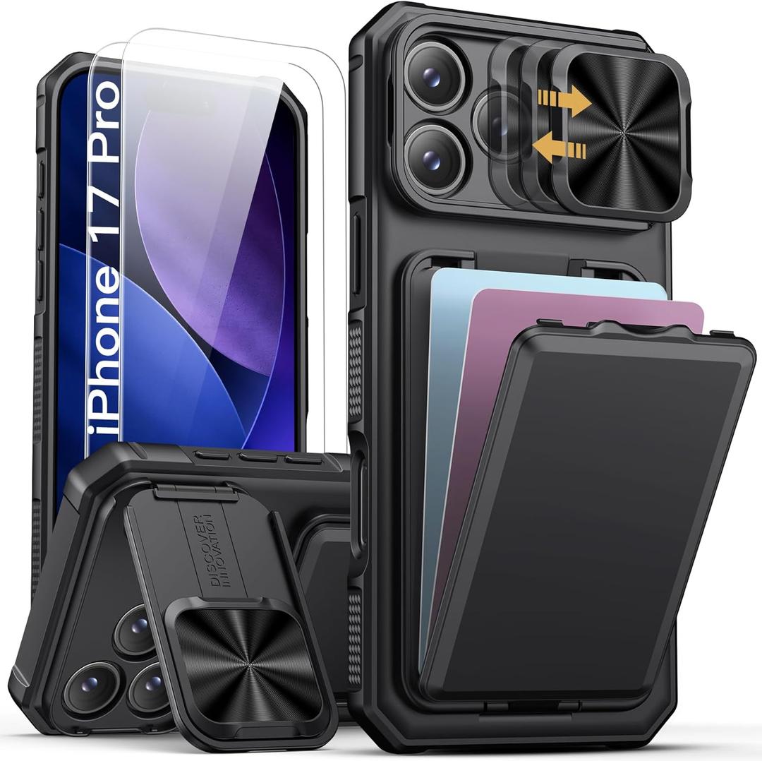 SSLOTSCASE for iPhone 17 Pro Case with 2X Screen Protector, Credit Card Holder & Kickstand & Slide Camera Lens Cover, Silicone Edge Rugged Heavy Duty Phone Case Cover for iPhone 17 Pro 6.3'', Black