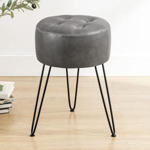 LUE BONA Faux Leather Vanity Stool Chair for Makeup Room, Grey Stool for Vanity, 19 Height, Tufted Small Vanity Chair with Metal Legs, for Bedroom, Living Room