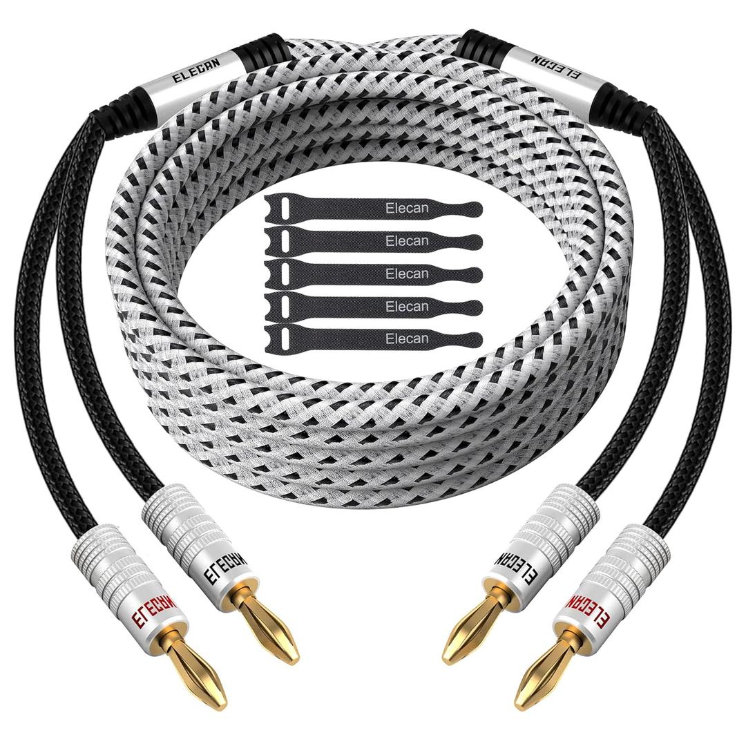 Elecan 14 AWG Speaker Cable Wire 6 Feet with Gold-Plated Banana Tip Plugs-CL2 Rated-in Wall-Heavy Duty Nylon Braided, Oxygen-Free Copper (OFC)-White-with 5 Cable Ties