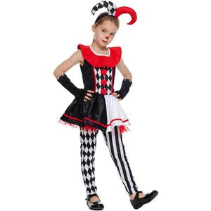 EraSpooky Girls Killer Clown Costume Set Halloween Kids Wicked Jester Dress, XL (Dress, Hat)