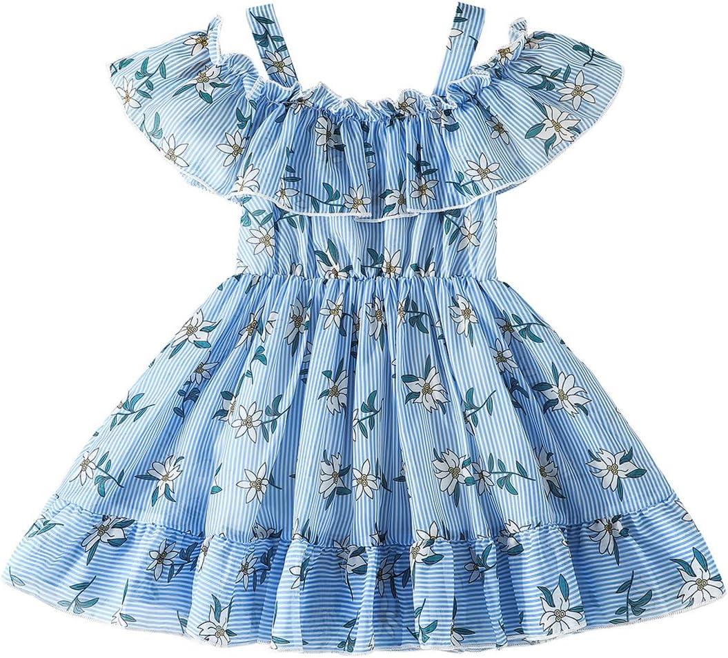 AGQT Toddler Girls Floral Print Dress Chiffon Off Shouler Casual Dress Ruffle Hem Tunic Dress Size 1-8T (5-6 Years, 7263z13# White Flower on Blue-off Shoulder)