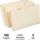 Staples Manila File Folders, Legal Size (8.5 x 14), 1/3-Cut Tabs, Assorted Positions, Durable Paper Stock, 100 Pack for Office Filing