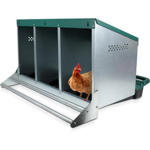 Chicken Nesting Box, 3 Holes Nesting Boxes, Heavy Duty Metal Laying Boxes, Roll Away Nesting Box Egg Collection Tray, with Roosting Pole for Chicken Coop(Green)