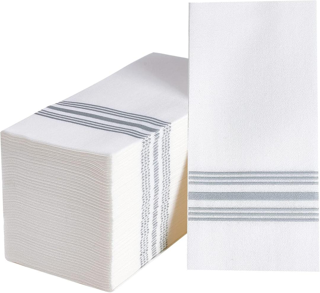 Vplus 150 PACK Guest Towels Disposable Bathroom, Decorative Bathroom Napkins, Soft, and Absorbent Disposable Paper Hand Towel for Dinners, Kitchen, Parties, Weddings, Christmas Party (Silver)