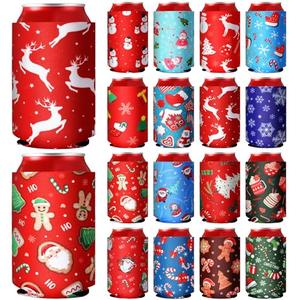 CHENGU 16 Pcs Christmas Beer Can Cooler Sleeves 12oz Funny Neoprene Xmas Beer Can Cover Non Slip Reusable Colored Drink Soda Covers for Christmas Party Supplies