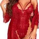 RSLOVE Sexy Womens Lingerie Set - 2 Piece Lace Kimono Robe with Lace Teddy Lingerie Bodysuit Sexy (Large, Wine Red)