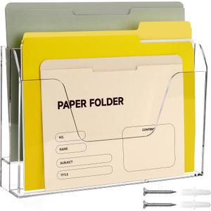 DINGHUO Wall Hanging File Organizer, Acrylic Mail Organizer wall mounted File Holder, Clear 2 Tier Folder Paper Document Magazine Rack for Desk Office School Home - 1 Pack