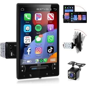 Podofo 10.4" Single Din Radio Car Stereo with Wireless CarPlay & Android Auto, Rotatable Touch Screen, Bluetooth, 16-Band EQ Audio, Mirror Link, SWC, FM, USB, TF, Backup Camera