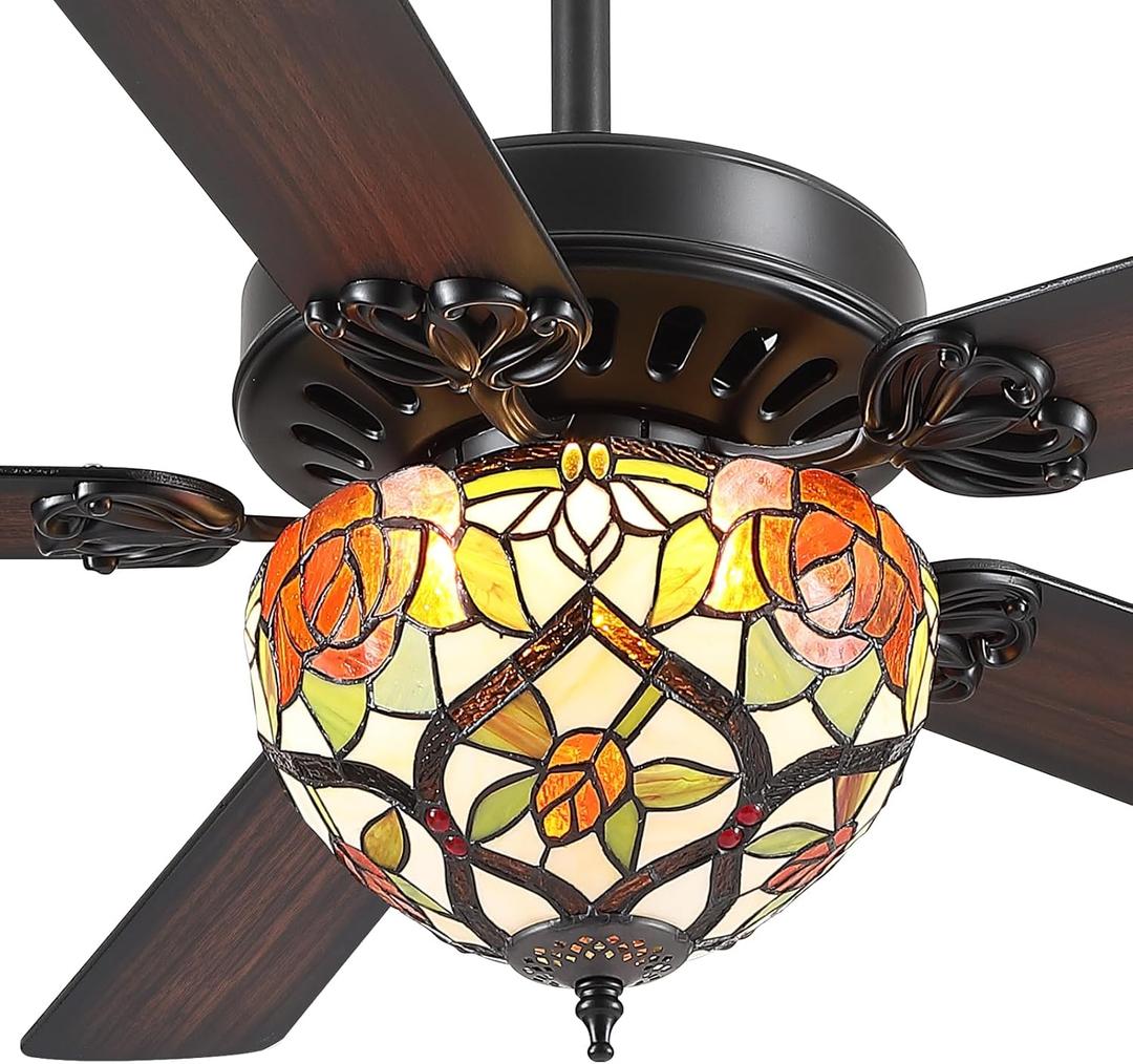 52" Tiffany Ceiling Fans with Glass Shade - Black Low Profile Ceiling Fan Chandelier with 5 Reversible Blades, 3CCT Dimmable, Indoor and Outdoor Antique Fan Light Fixture, Retro, Farmhouse (Tiffany-8605)