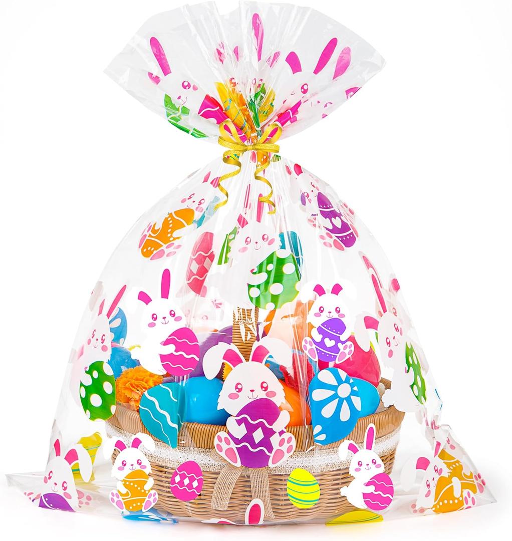 CUDICY Easter Bags 10pcs Large Cellophane Bags 24x30 Inch Cellophane Wrap for Gift Baskets Plastic Gift Wrapping Clear Gift Bags (Easter eggs, Bunny) (Animal)