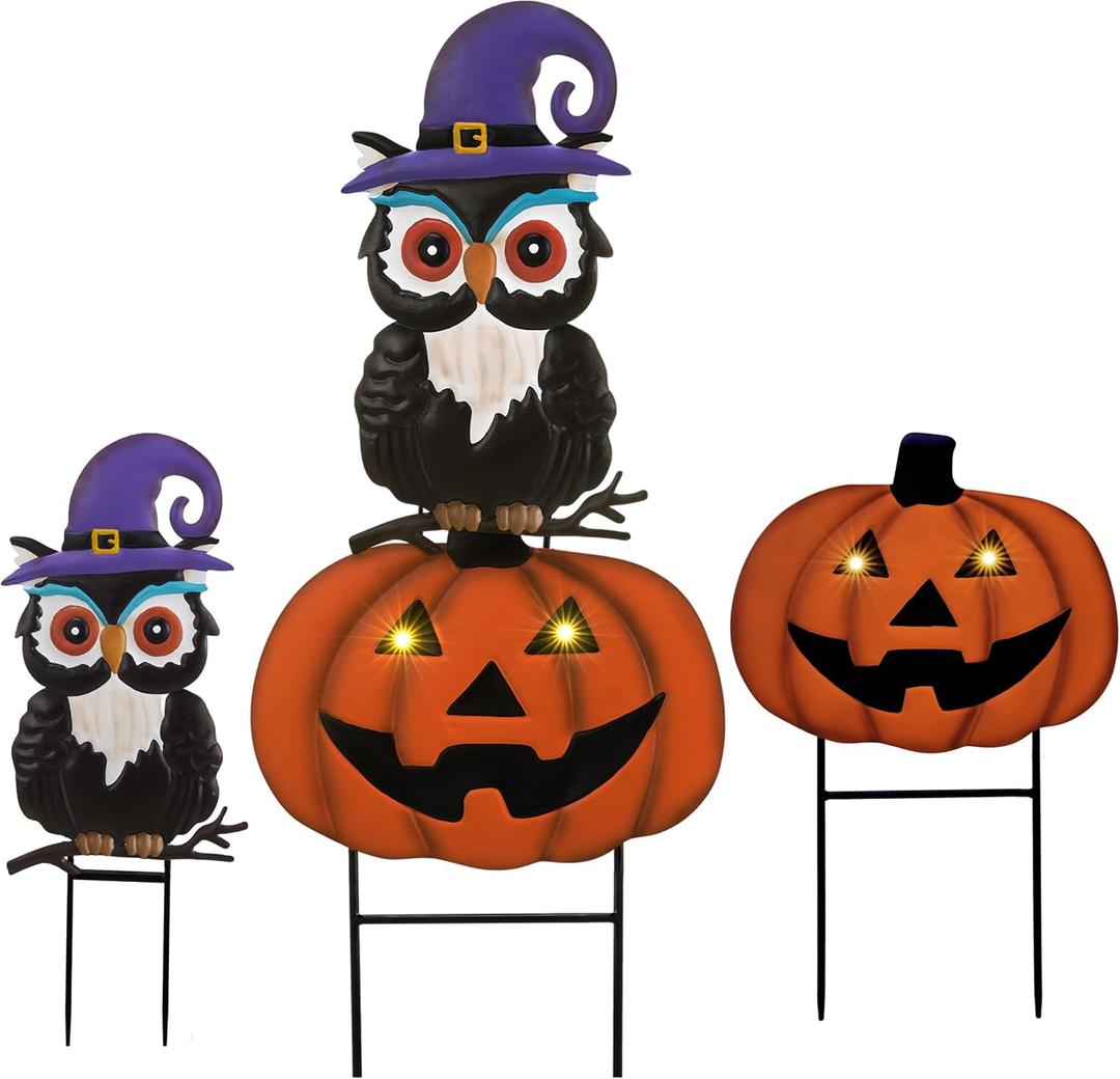 TERESA'S COLLECTIONS Metal Halloween Yard Stakes Decorations for Outdoor, Solar Jack-o-Lantern Pumpkins Garden Stakes for Halloween Party Decor, Purple Yard Sign for Lawn Patio, 27" (Large)