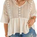 SOLY HUX Women's Plus Size V Neck Contrast Lace Half Sleeve Ruffle Hem Peplum Tee Tops