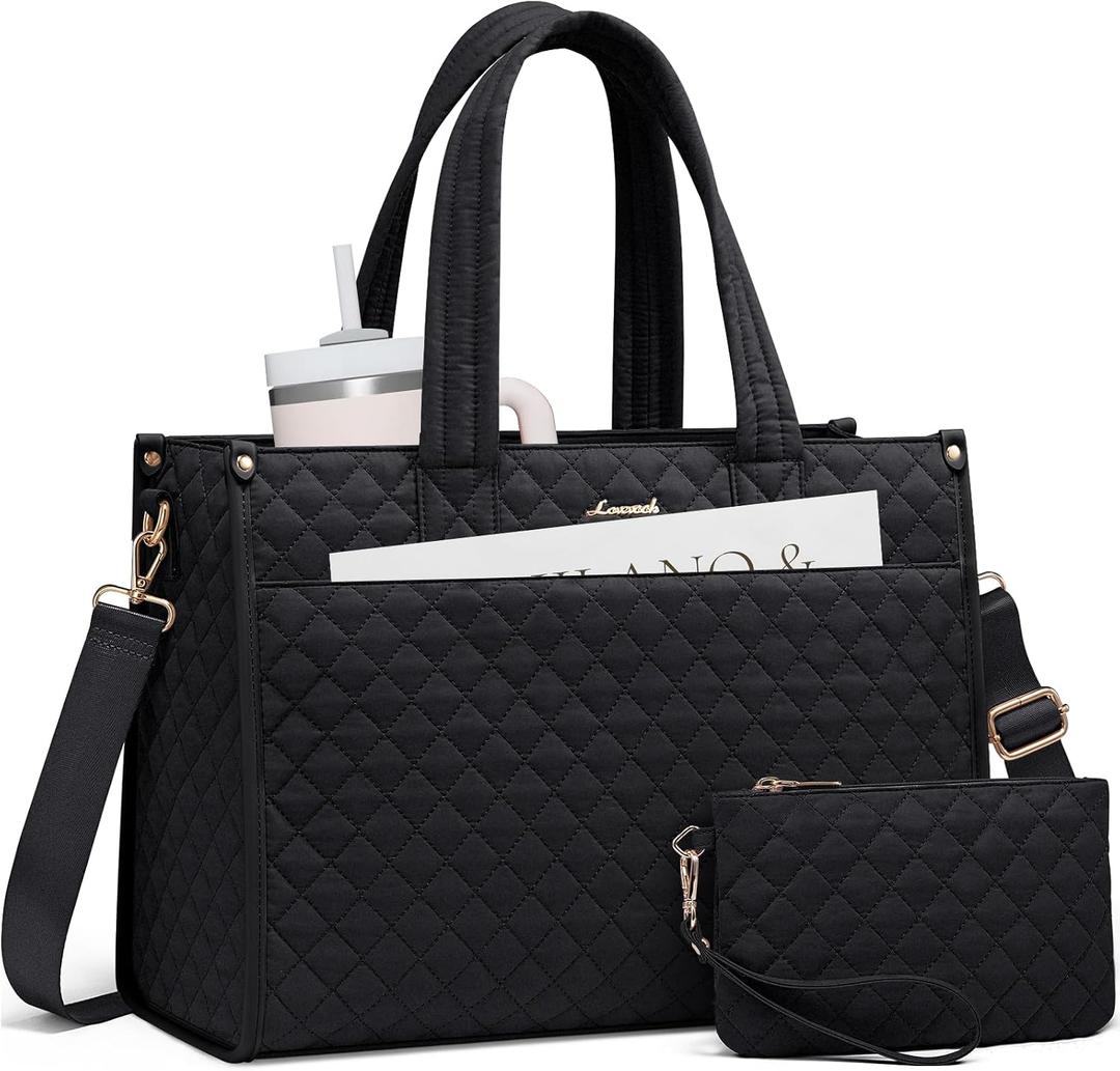 LOVEVOOK Laptop Tote Bag for Women,Canvas Work Tote Bag for Women with Clutch Purse,15.6 Inch Computer Briefcase Bag,Professional Teacher Business Office Bag,Lightweight Shoulder Travel, Black