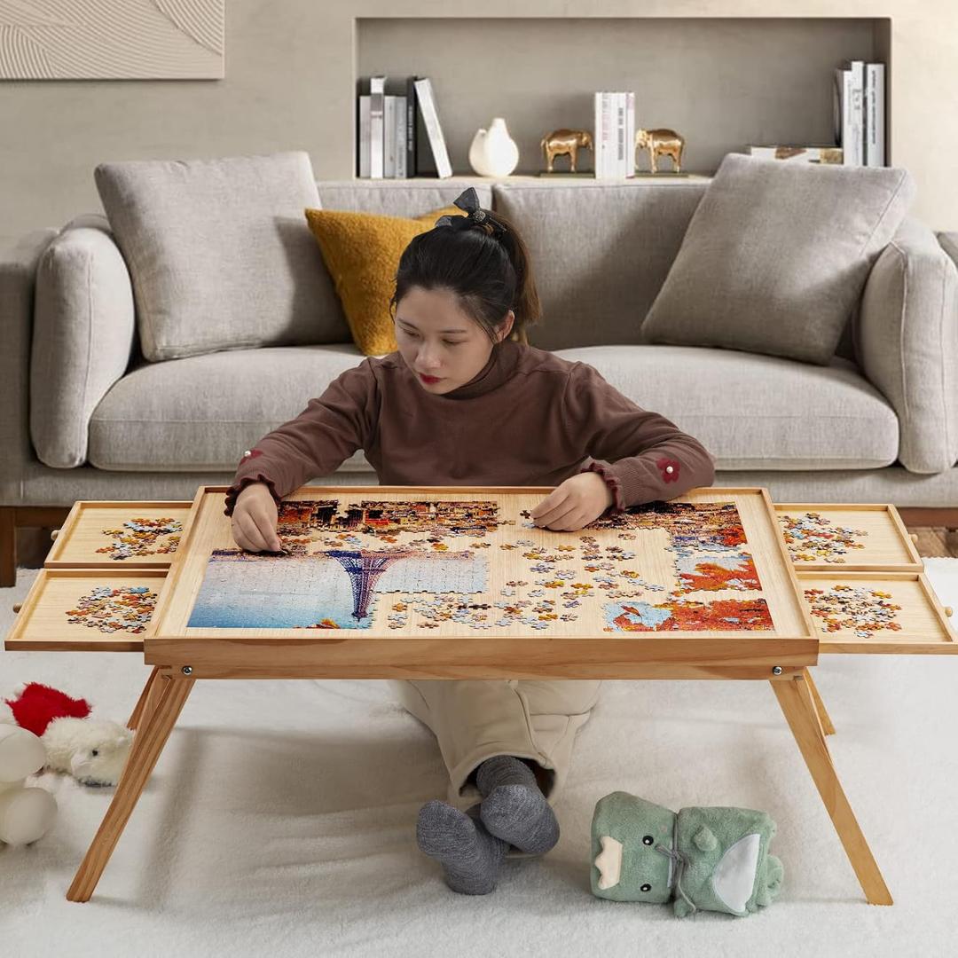 TEAKMAMA 1500 Piece Wooden Jigsaw Puzzle Board with 4 Drawers, Folding Puzzle Table with Protective Cover, Jigsaw Board with Legs, Multifunctional Game Table for Adults, 34W x 26.3D, Natural
