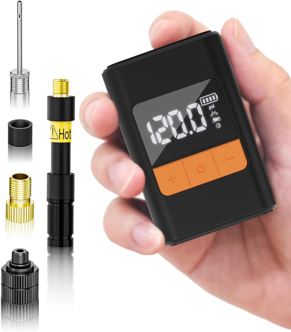 Mini Electric Bike Pump,150PSI Portable Bike Pump with Gauge,20 S Fast Inflate Electric Air Pump with Presta and Schrader Valve for Road Bike, Mountain Bike, E-Bike, Motorcycle, Balls