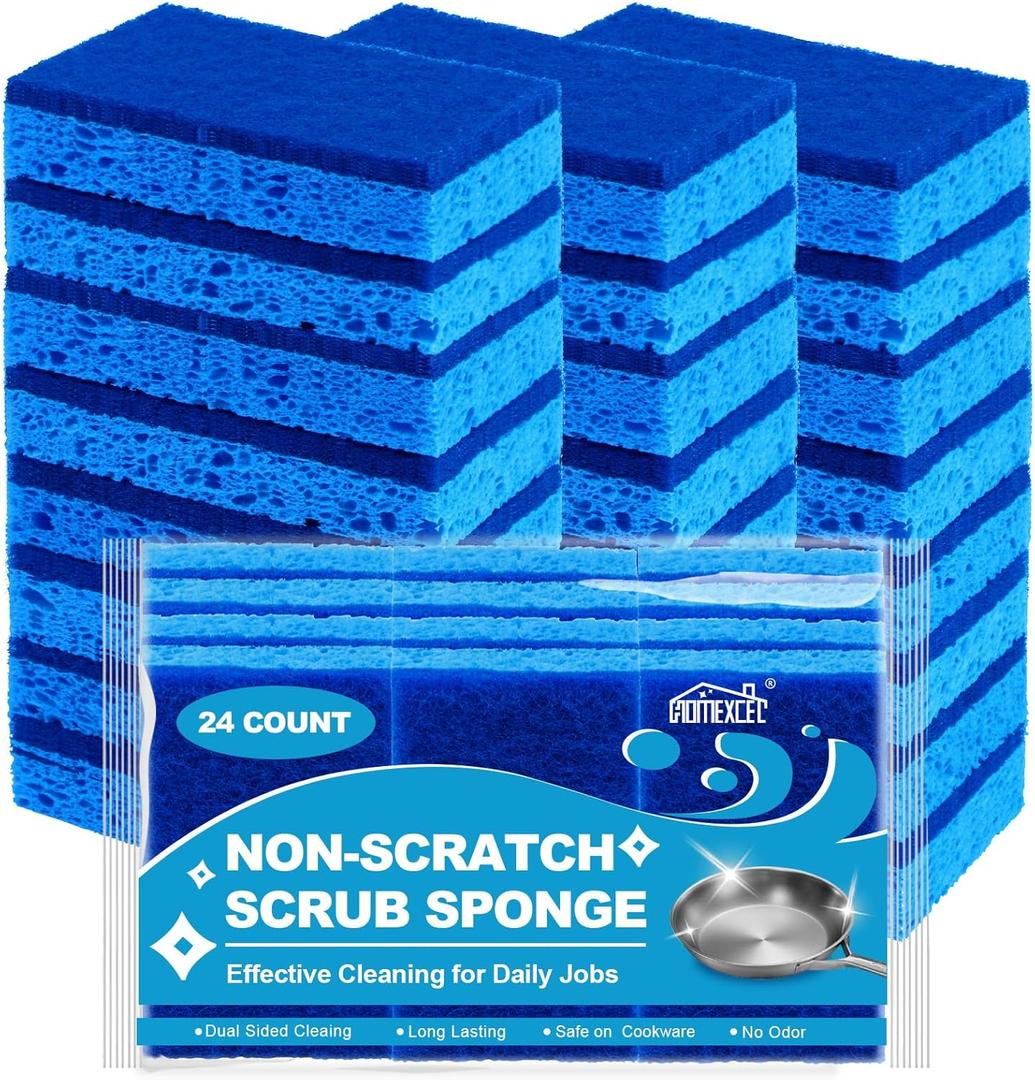 HOMEXCEL Sponges Kitchen 24pcs, Non-Scratch Scrub Dish Sponge Safe on Non-Stick Cookware, Dual Sided Cleaning Sponges for Kitchen, Household, Bathroom and More (Blue)