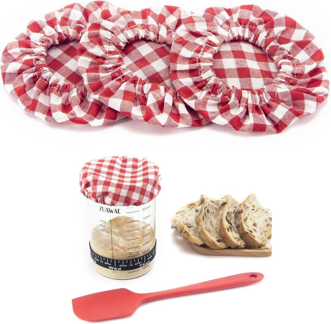 Sourdough Jar Cover, Reusable Sourdough Cloth Cover, 3pc Handmade Cotton Cloth Covers for Sourdough Starter Jar Sourdough Bread Baking Supplies Fit Jars Mouth from 3-4 Inch (Red Plaid)