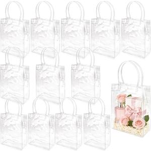 WhizToys 12PCS Clear PVC Gift Bags with Handles, 5.9x7.9x2.8In Reusable Transparent Plastic Goodie Bags, Bulk Party Favor Bags for Wedding, Birthday, Baby Shower, Christmas