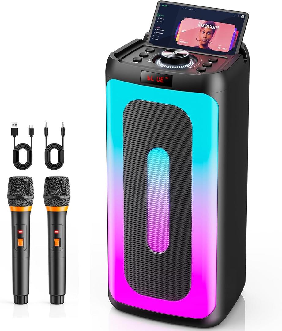 Karaoke Machine, Portable Bluetooth 5.3 Karaoke Speaker with 2 Wireless Microphones for Adults, PA System Speaker for Gatherings,Home Party,Outdoor,Camping, Support USB/TF Card/AUX in