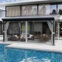 12'x16' Wall-Mounted Hardtop Gazebo with Aluminum Frame & Galvanized Steel Roof  Lean-to Patio Pergola with Gutters, Mosquito Netting & Privacy Curtains  Weatherproof for Backyard, Deck, or Carport