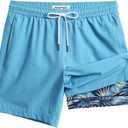 maamgic Mens Swim Trunks with Compression Liner 7 Inch Inseam Mens Bathing Suit Quick Dry Swimming Trunks Swimsuit (Small, Blue Leaf)