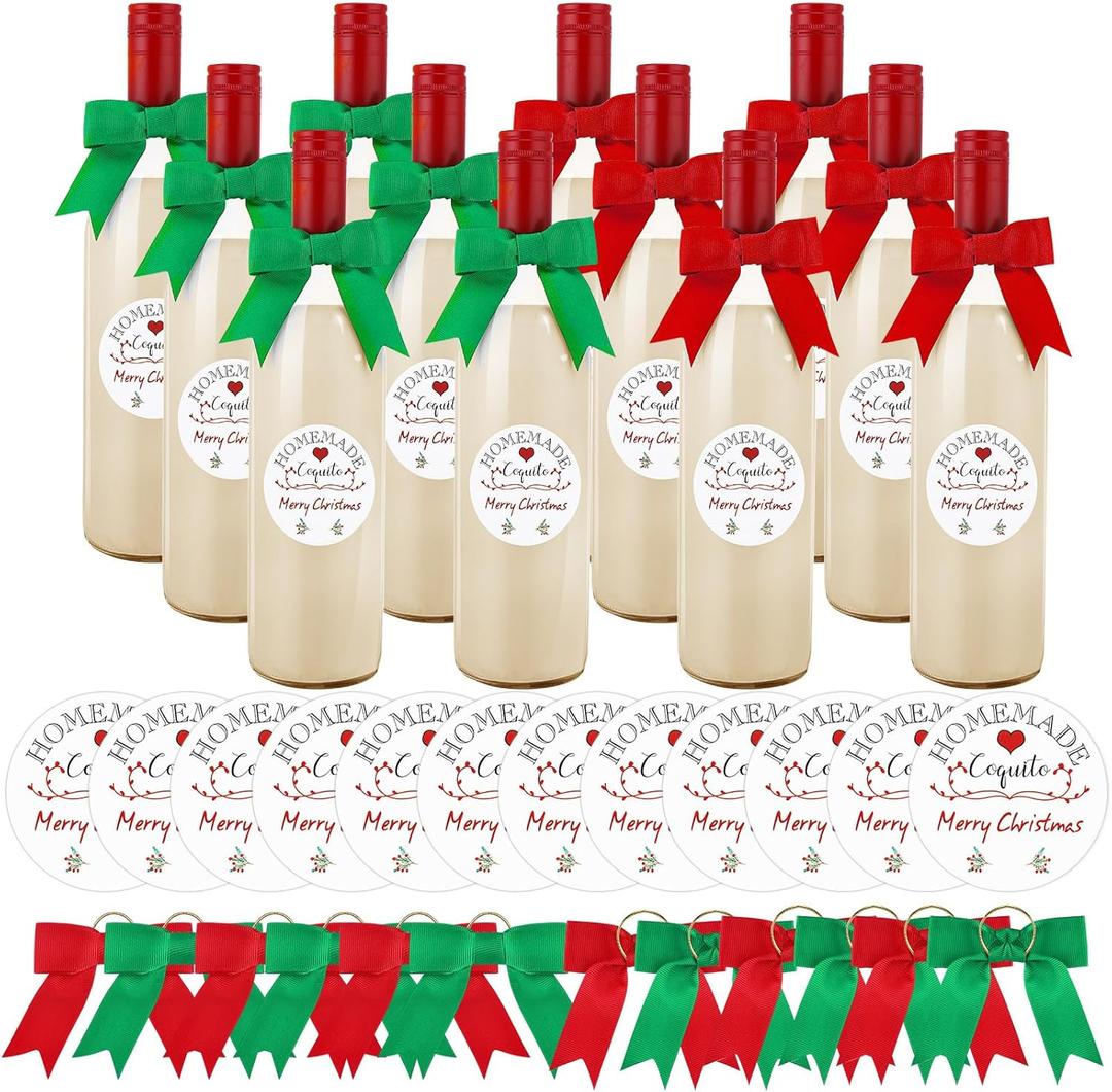 XunYee 48 Pcs Christmas Coquito Bottles Stickers and Bows for Wine Bottles Coquito Stickers Xmas Personalized Labels for Drinks Bottles Oils Dinner(No Wine Bottle)