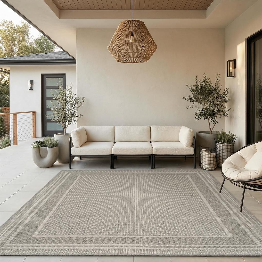 MontVoo-Outdoor Rug-Patio Rug 8x10 ft Polypropylene Indoor Outdoor Rugs Outdoor Carpet for Patio Deck Balcony Porch, Textured Weave, Durable for High Traffic, Fade-Resistant, Modern Silver Grey
