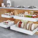 4Pack Expandable Pull Out Cabinet Organizer 21"Deep with Raising Pad for Framed Cabinets,Slide Out Drawers with 4pcs Divider Racks,Roll Out Shelves Adhesive,Adjustable Width 12.05"-20.4"White