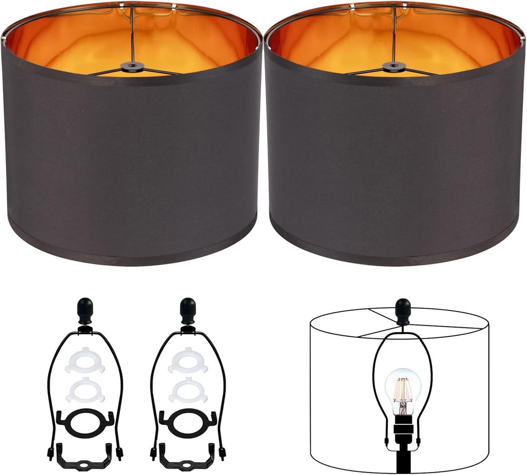 Black Lamp Shades Drum Set Of 2 Medium Gold 12-Inch Replacement Lamp Shades For Table Lamps,Floor Lamps,Diy Pendant Lights, Wall Lights,Harp Holder Included,Requires Assembly. (Black)