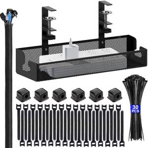 Under Desk Cable Management Tray Black 15.7" Cable Management Kit No Drill Box Cord Organizer for Desk Wire Cable Basket for Home Office Standing Table