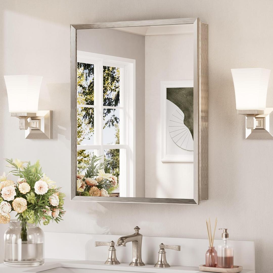 Keonjinn Bathroom Medicine Cabinet with Mirror 20 x 26 Inch, Brushed Nickel | Assembly Needed, Stepless Adjustable Shelves, Wall-Mounted or Recessed, Lightweight Aluminum, Rust-Resistant, Tempered Glass
