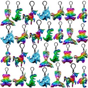 CAMIRUS 28 Pack Glitter Flip Sequin Keychains Unicorn Dinosaur Keychain with Greeting Cards for Valentines Party Favor, Easter Egg Filler Party Favors, Easter Classroom Prize Supplies