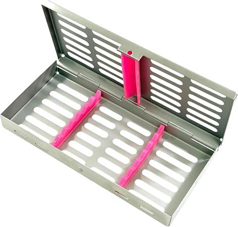 New Premium German Stainless Dental Autoclave Sterilization Cassette Rack Box Tray for 7 Instruments Pink