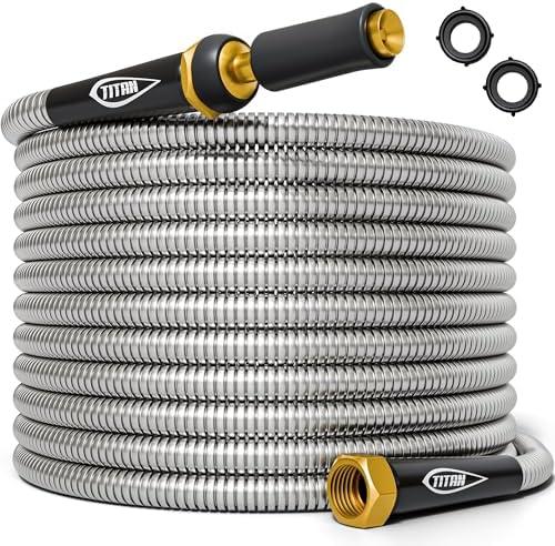 TITAN Garden Hose 200FT - 304 Stainless Steel Metal Water Hose, Flexible, Kink-Free, Lightweight, Durable, Crush Resistant Fittings, Easy to Coil, 500 PSI