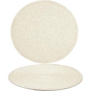 CLEENTABLE Beaded Placemats for Dining Table, 13 Inches Beaded Placemat Set of 2 for Farmhouse Decor and Kitchen Table Dcor, Round Table Mats for Dining Tables, Non-Slip Place mats, Cream White