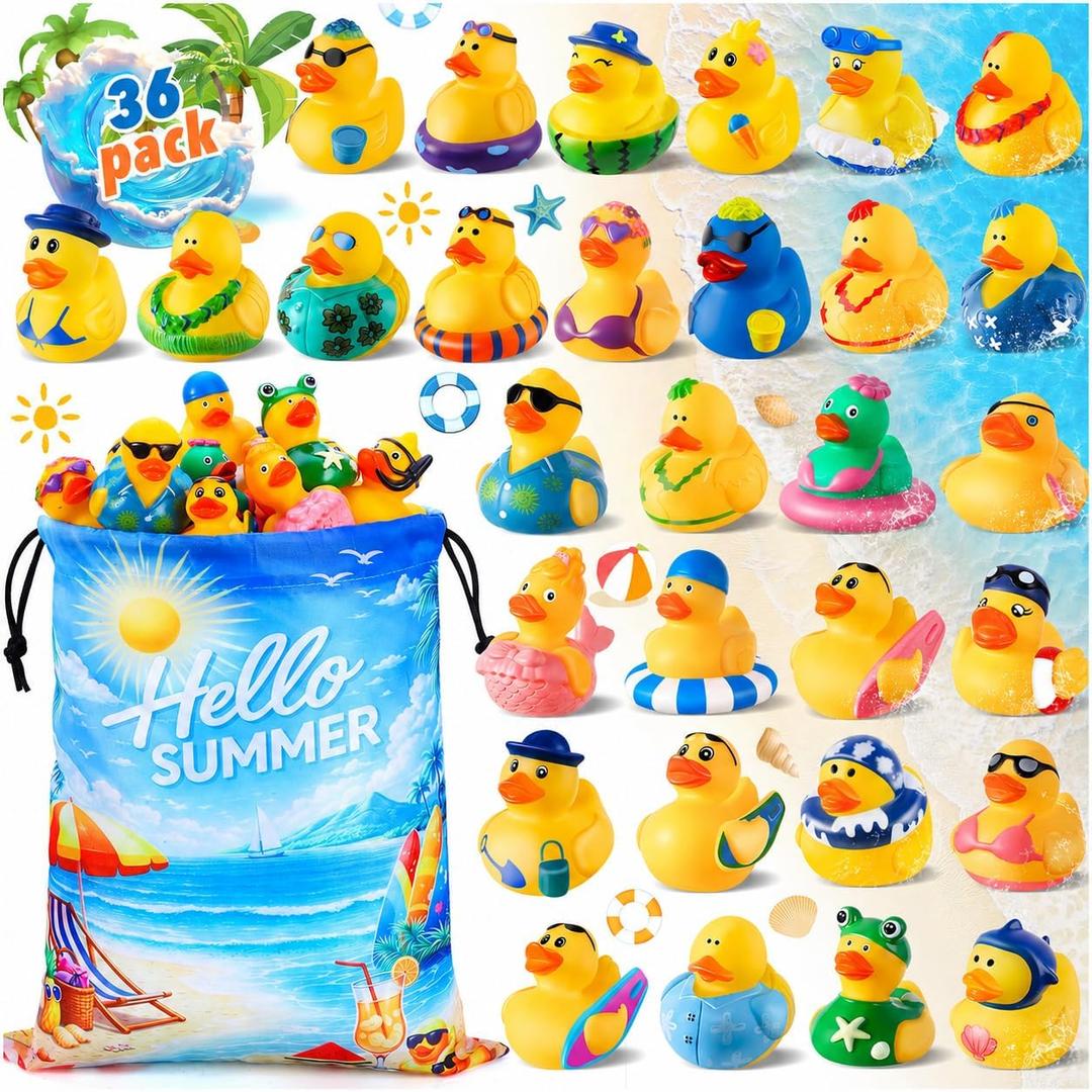 36 Pcs Summer Rubber Ducks with Bag, Ducks for Cruise Ship Hiding, Ducks for Jeeps Ducking, Assorted Beach Duckies Toys for Vacation, Summer Themed Party Favors, Bath Pool Water Toy Gifts for Kids