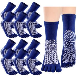 Cutecrop 6 Pairs Non Slip Five Toe Socks Hospital Socks with Grips Double Sided Non Slip Gripper Safety Fall Prevention for Adults Elderly Bariatric Home Hospital(Blue)