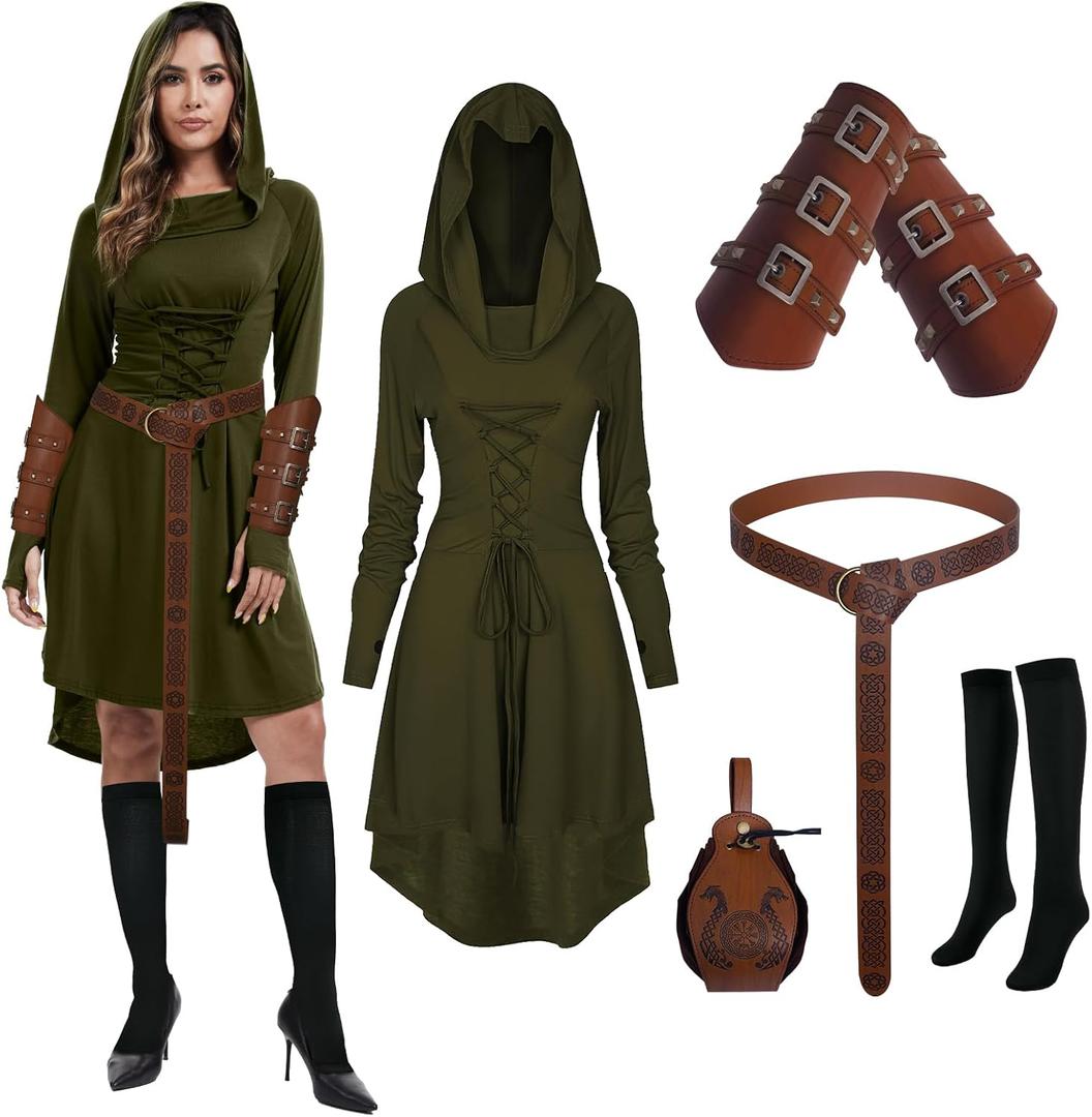 Women's Renaissance Costumes Medieval Vintage Hooded Dress, Gothic Costume Fancy Dress for Halloween, Carnival (Medium, Green)