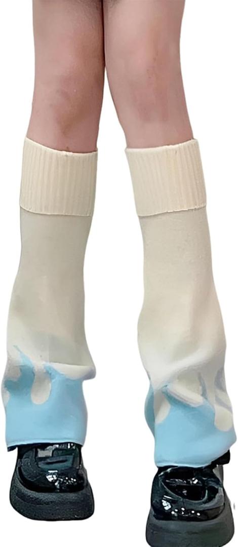 Leoparts Women's Y2K Leg Warmer Knitted Flared Flame Print Leg Sleeves Knee High Japanese Kawaii Streetwear Leg Cover