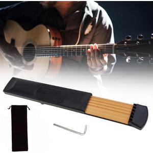 Guitar Practice Tools for Beginner, 6 Strings 6 Fret Plastics Fingerboard Portable Pocket Guitar Practice Tool Chord Trainer, with Tuning Wrench Velvet Bag (Guitar Practice Tool)