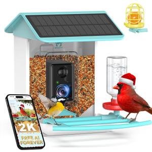 Bird Feeder with Camera- Free AI Forever for 1,1000+ Species Identification, 2K HD & Full Color Night Vision, Solar Powered Wireless Outdoor, Includes 64GB TF Card, Two-Way Audio, App Alerts (BF002, Light Blue)