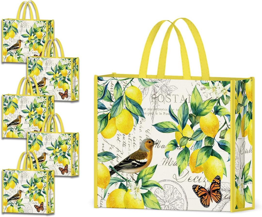 NymphFable 5 Pack Reusable Shopping Bags Lemons Bird Butterfly Washable Grocery Bags Fabric Tote Bag