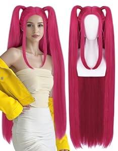 TIKJOYS Wig Cap + Long Straight Hot Pink Wigs with Double Ponytails Hot Pink Anime Costume Wigs for Women Long Rose Red 2 Ponytails Cosplay Wigs for Halloween Party Costume Outfit
